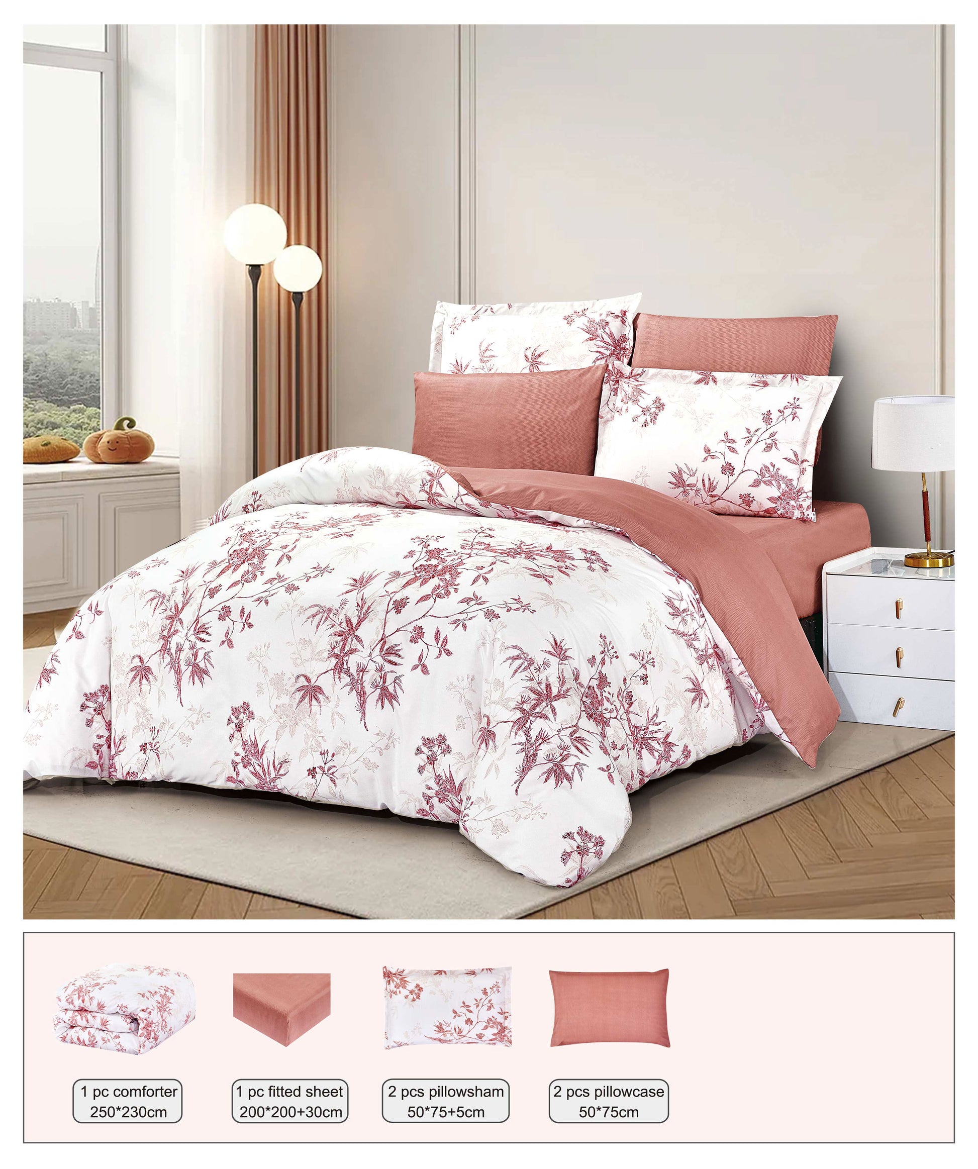 Floral comforter set on a bed with matching pillows in a bedroom setting.