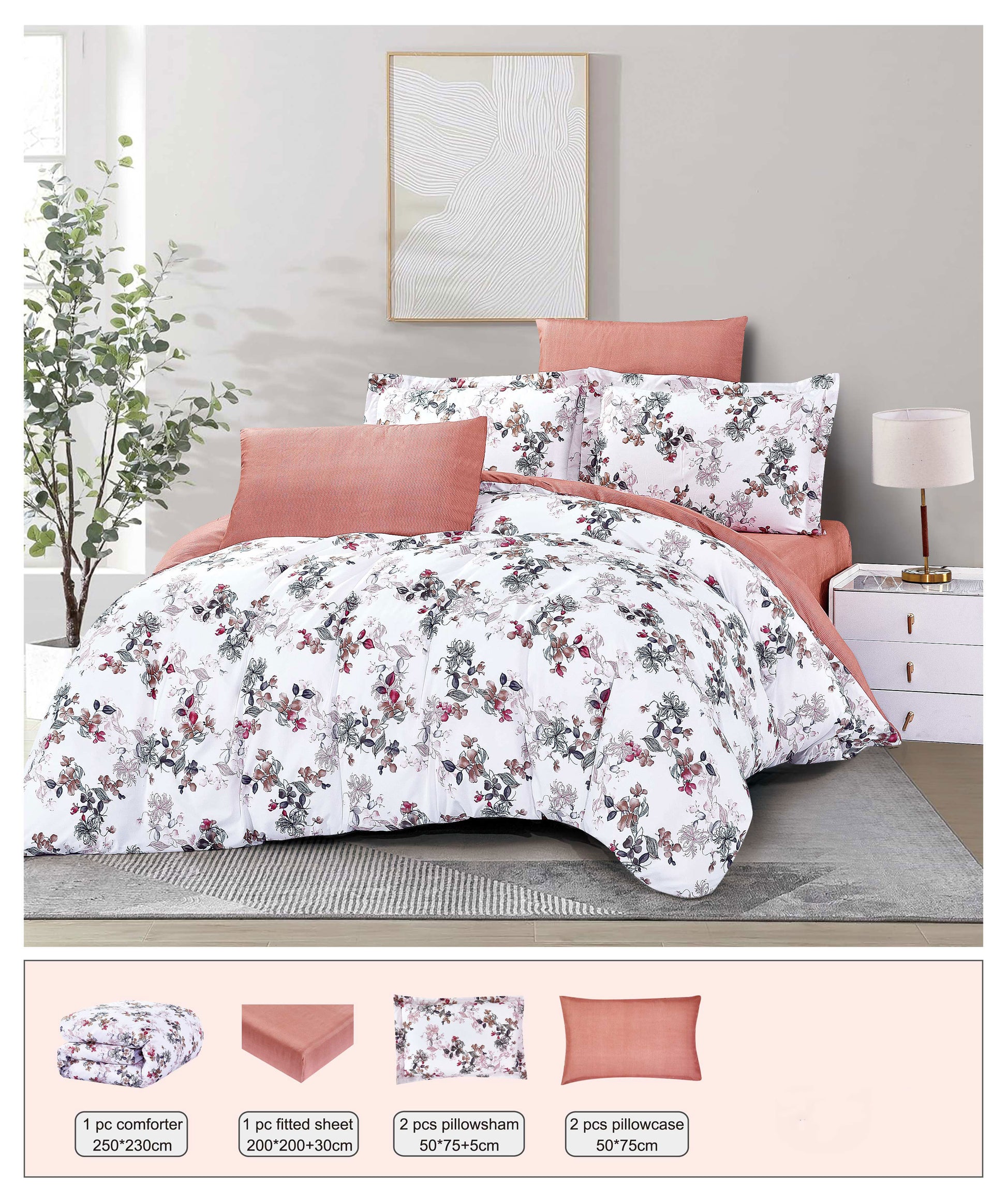 Floral comforter set on a bed with matching pillows in a bedroom setting.