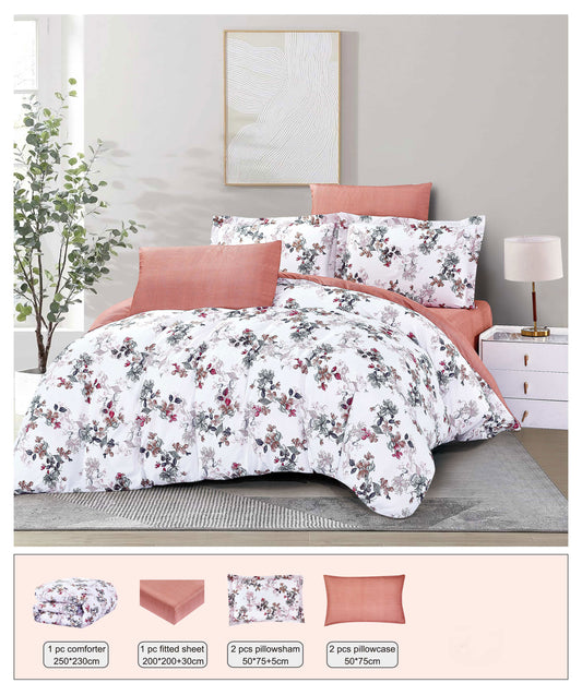 Floral comforter set on a bed with matching pillows in a bedroom setting.