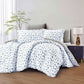 Blue and white polka dot bedding set on a bed in a bedroom.