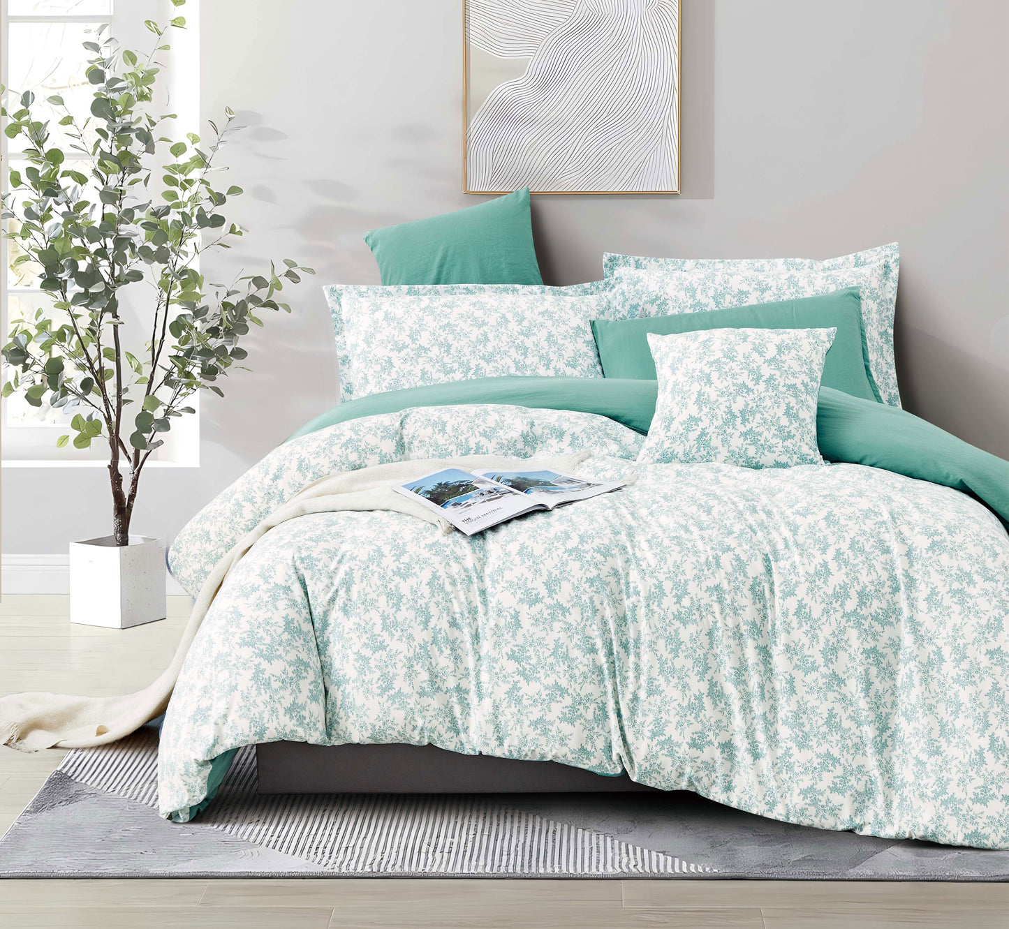 7-Piece Mint Green Floral Cotton Duvet Cover Set with Sheets | Reversible Lightweight Bedding for Summer & Spring | OEM Brushed Microfiber Duvet Cover | Smooth and Wrinkle-Free Bedding