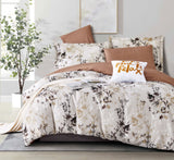 Floral bedding set with brown and beige tones on a bed in a bedroom setting.