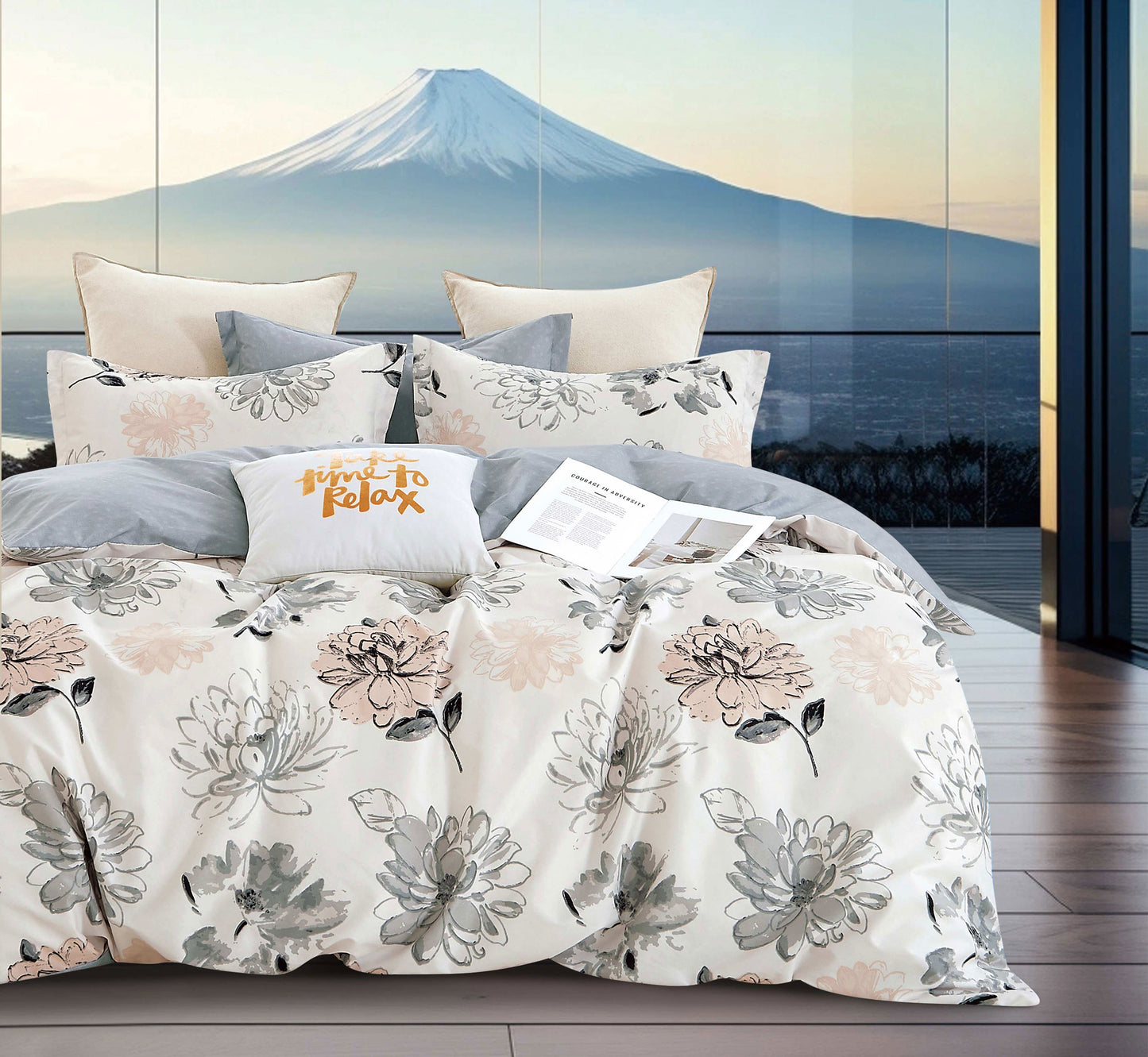 Floral bedding set on a bed with a scenic background