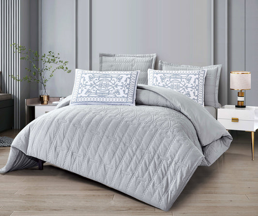 Customized 7-Piece Light Gray Microfiber Comforter Set | Elegant Quilted Pattern with Decorative Pillow Shams and Cushions | Soft, Breathable, and Machine Washable Bedding | OEM Bedding Manufacturer