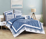 Customized 7-Piece Royal Blue and White Microfiber Comforter Set | Elegant Baroque Border Design with Decorative Pillow Shams and Cushions | Soft, Breathable, and Machine Washable Bedding | OEM Bedding ManufacturerCustomized