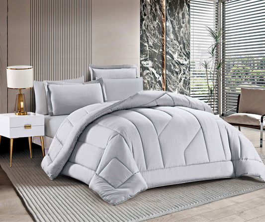 Customized7-Piece Solid Light Gray Microfiber Comforter Set | Modern Minimalist Bedding with Decorative Pillow Shams and Cushions | Ultra-Soft, Lightweight, and Machine Washable | OEM Bedding Manufacturer