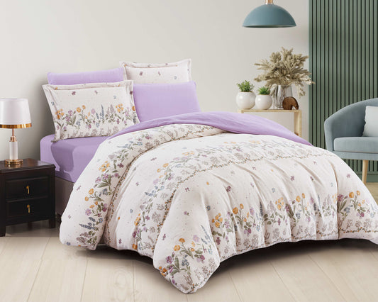 Luxury Lavender Floral Cotton Duvet Cover Set | Romantic Botanical Bedding with Pastel Blooms | Soft Breathable Cotton