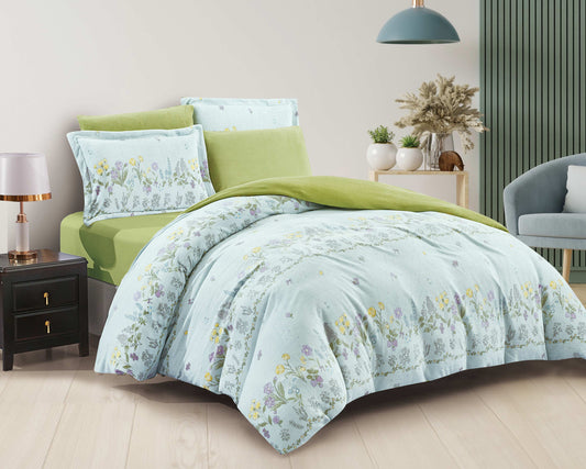 Luxury Mint Green Floral Cotton Duvet Cover Set | Soft Breathable Botanical Bedding with Pastel Blooms