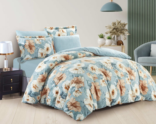 Blue Floral Cotton Duvet Cover Set | Soft Breathable Bedding with Romantic Beige & Ivory Flowers