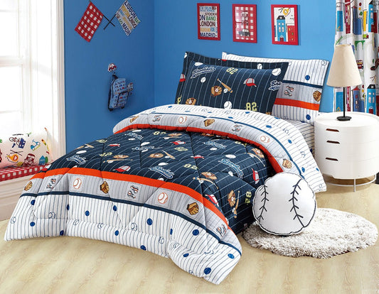 A quilted bedding set with a sports ball theme, displayed in a bedroom setting. The set includes a comforter, pillows, and bed sheets with a design that features various sports balls and a striped pattern.