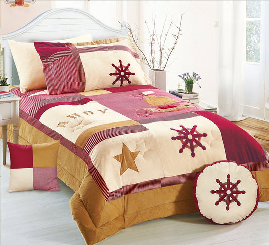 A bedding set with a nautical theme, featuring star patterns and a compass rose design in a red, beige, and white color palette. The set appears to include a comforter, pillows, and a bed skirt.