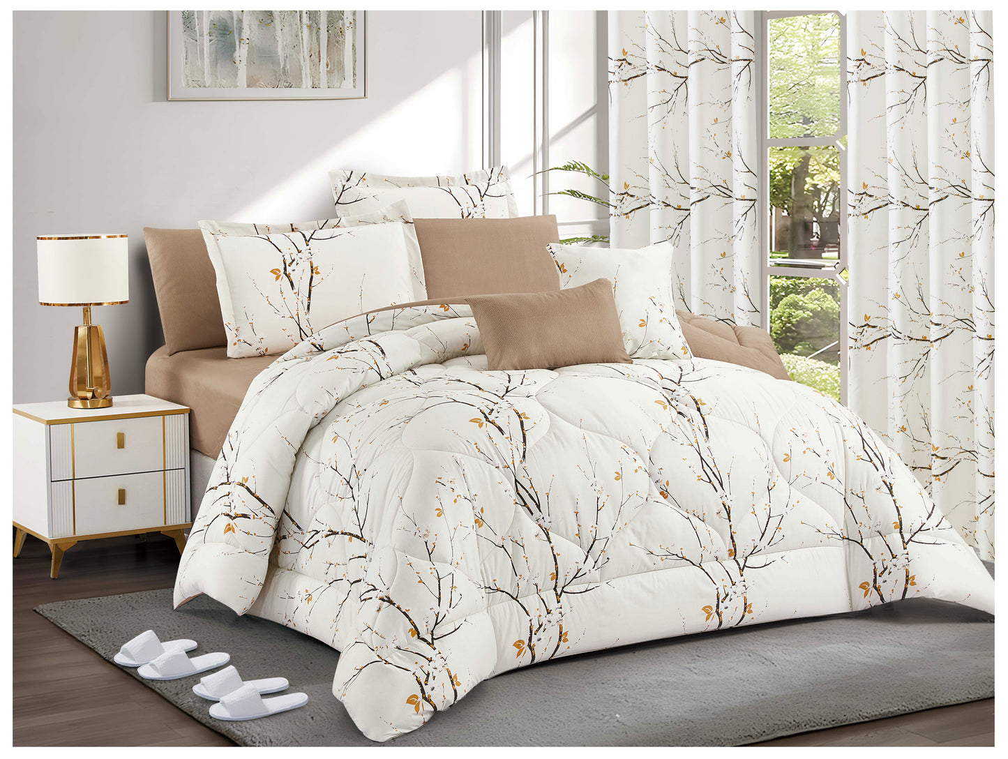 Beige Branch Pattern Comforter Set | Lightweight Microfiber Bedding for Summer and Spring | Soft Cozy Quilt with 1 Comforter, 2 Pillowcases & 2 Pillow Shams | Polyester filling comforter OEM
