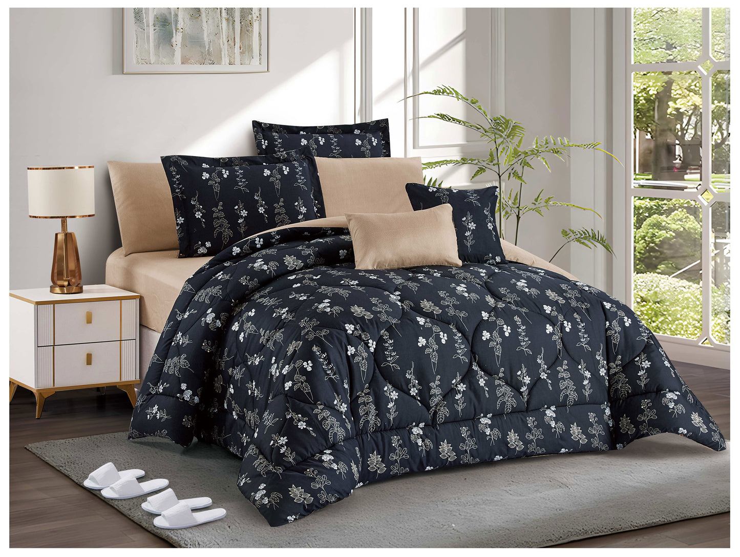 Black Floral Comforter Set | Lightweight Microfiber Bedding for Summer and Spring | Soft Breathable Quilt with 1 Comforter, 2 Pillowcases & 2 Pillow Shams | Custom printed comforter