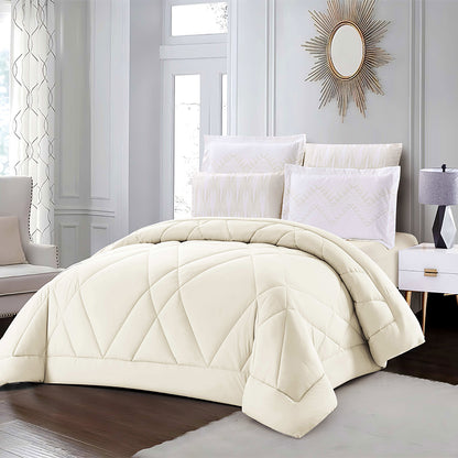 Beige Solid Comforter Set with Geometric Stitching | Lightweight Microfiber Bedding for Summer and Spring | Soft Breathable Quilt with 1 Comforter, 2 Pillowcases & 2 Pillow Shams | Global comforter manufacturer