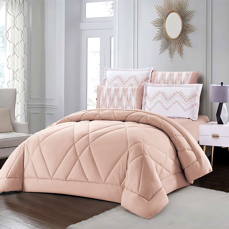 Beige Solid Comforter Set with Geometric Stitching | Lightweight Microfiber Bedding for Summer and Spring | Soft Breathable Quilt with 1 Comforter, 2 Pillowcases & 2 Pillow Shams | Global comforter manufacturer