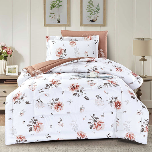Blush Rose Floral Comforter Set | Lightweight Microfiber Bedding for Summer and Spring | Soft Cozy Quilt with 1 Comforter, 2 Pillowcases & 2 Pillow Shams | Breathable, Elegant All-Season Bedroom Décor
