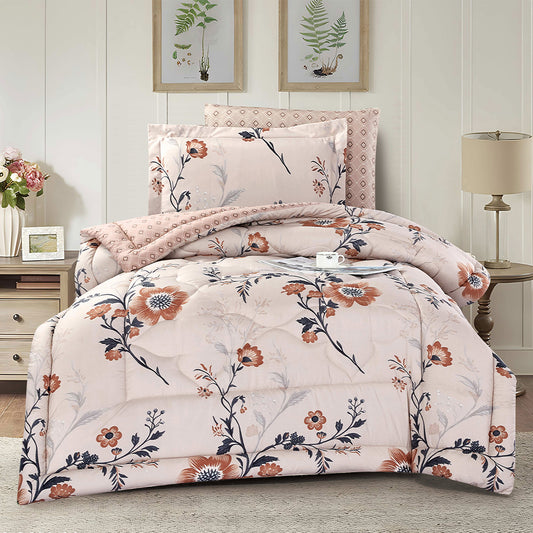 Peach Beige Floral Comforter Set | Lightweight Microfiber Bedding for Summer and Spring | Soft Cozy Quilt with 1 Comforter, 2 Pillowcases & 2 Pillow Shams | Custom comforter supplier