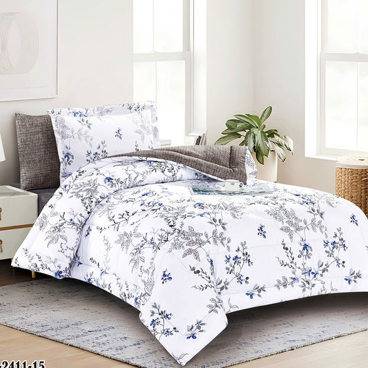 Blue Gray Botanical Comforter Set | Lightweight Microfiber Bedding for Summer and Spring | Soft Breathable Quilt with 1 Comforter, 2 Pillowcases & 2 Pillow Shams | Modern Floral Pattern for Elegant Bedroom Décor