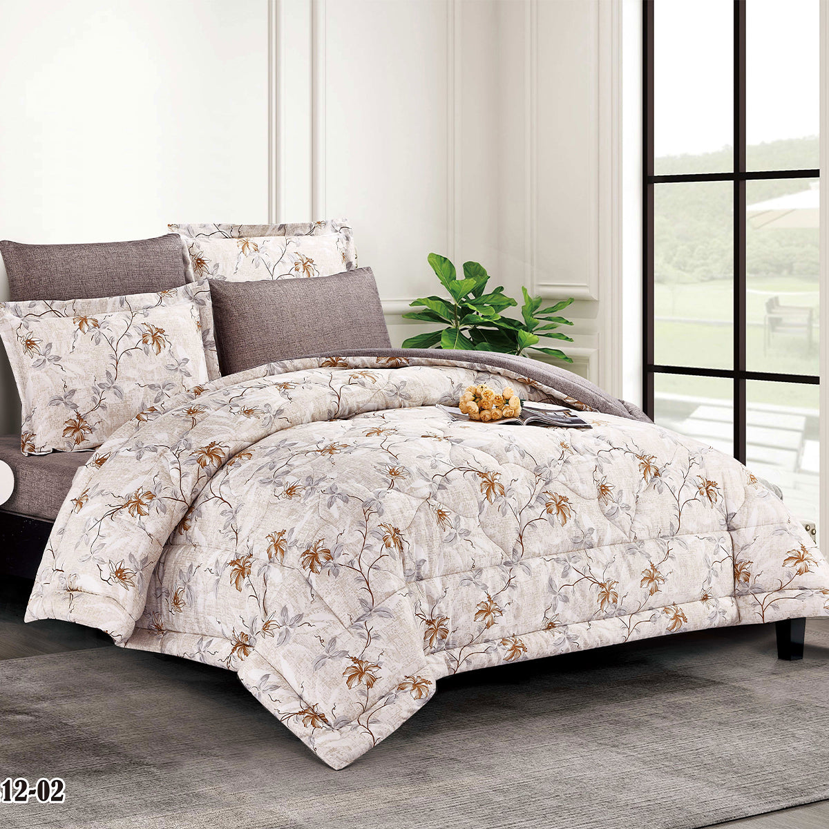 Beige Botanical Comforter Set | Lightweight Microfiber Bedding for Summer and Spring | Soft Cozy Quilt with 1 Comforter, 2 Pillowcases & 2 Pillow Shams |Custom comforter supplier