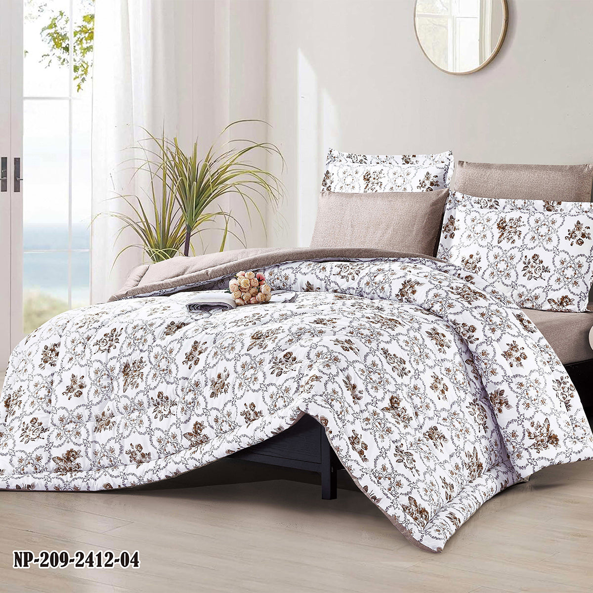 White Brown Floral Comforter Set | Lightweight Microfiber Bedding for Summer and Spring | Soft Breathable Quilt with 1 Comforter, 2 Pillowcases & 2 Pillow Shams | Polyester filling comforter OEM