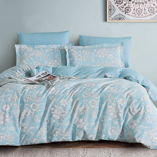 Sky Blue Floral Microfiber Duvet Cover Set with Zipper Closure and Corner Ties | Soft Lightweight Bedding with Flat Sheet, Fitted Sheet, Pillowcases & Shams | Custom Sizes | Elegant Modern Bedroom Décor