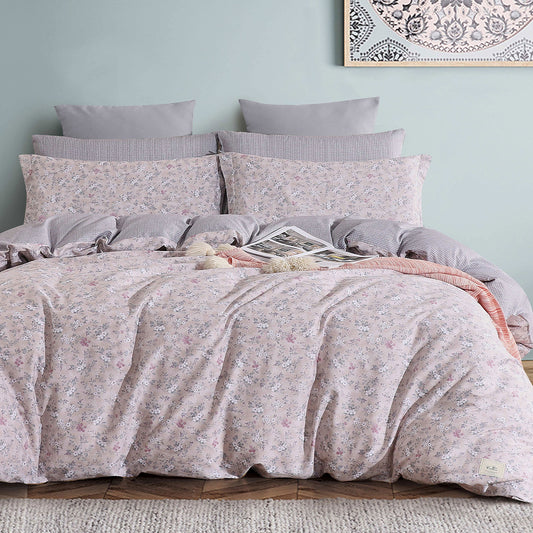 Blush Pink Floral Microfiber Duvet Cover Set with Zipper Closure and Corner Ties | Soft Lightweight Bedding with Flat Sheet, Fitted Sheet, Pillowcases & Shams | All Sizes Customized | Romantic Bedroom Décor