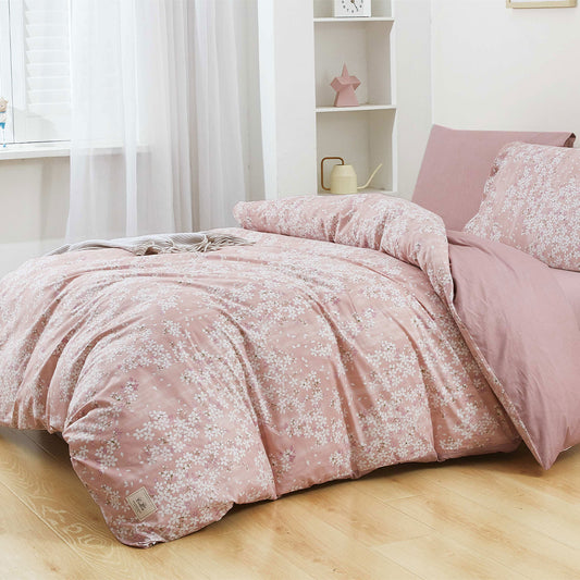 Rose Pink Floral Microfiber Duvet Cover Set with Zipper Closure and Corner Ties | Lightweight Soft Bedding with Flat Sheet, Fitted Sheet, Pillowcases & Shams | Custom Sizes | Elegant Cozy Bedroom Décor