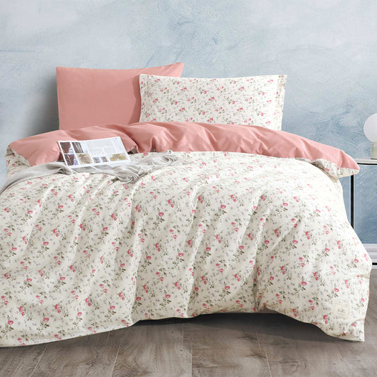 Vintage Pink Floral Microfiber Duvet Cover Set with Zipper Closure and Corner Ties | Lightweight Soft Bedding with Flat Sheet, Fitted Sheet, Pillowcases & Shams | Custom Sizes | Cozy Romantic Bedroom Décor