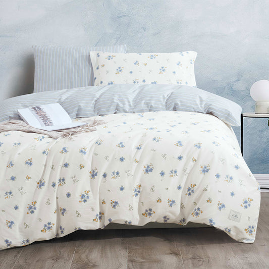 Blue Floral Microfiber Duvet Cover Set with Zipper Closure and Corner Ties | Soft Lightweight Bedding with Flat Sheet, Fitted Sheet, Pillowcases & Shams | Custom Sizes | Modern Country Bedroom Décor