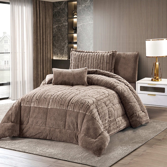 Luxury Mocha Faux Fur Comforter Set | Embossed Geometric Plush Bedding | Ultra-Soft Microfiber | Machine Washable & Dry Clean Safe | Custom Size Modern Luxury Home D¨¦cor