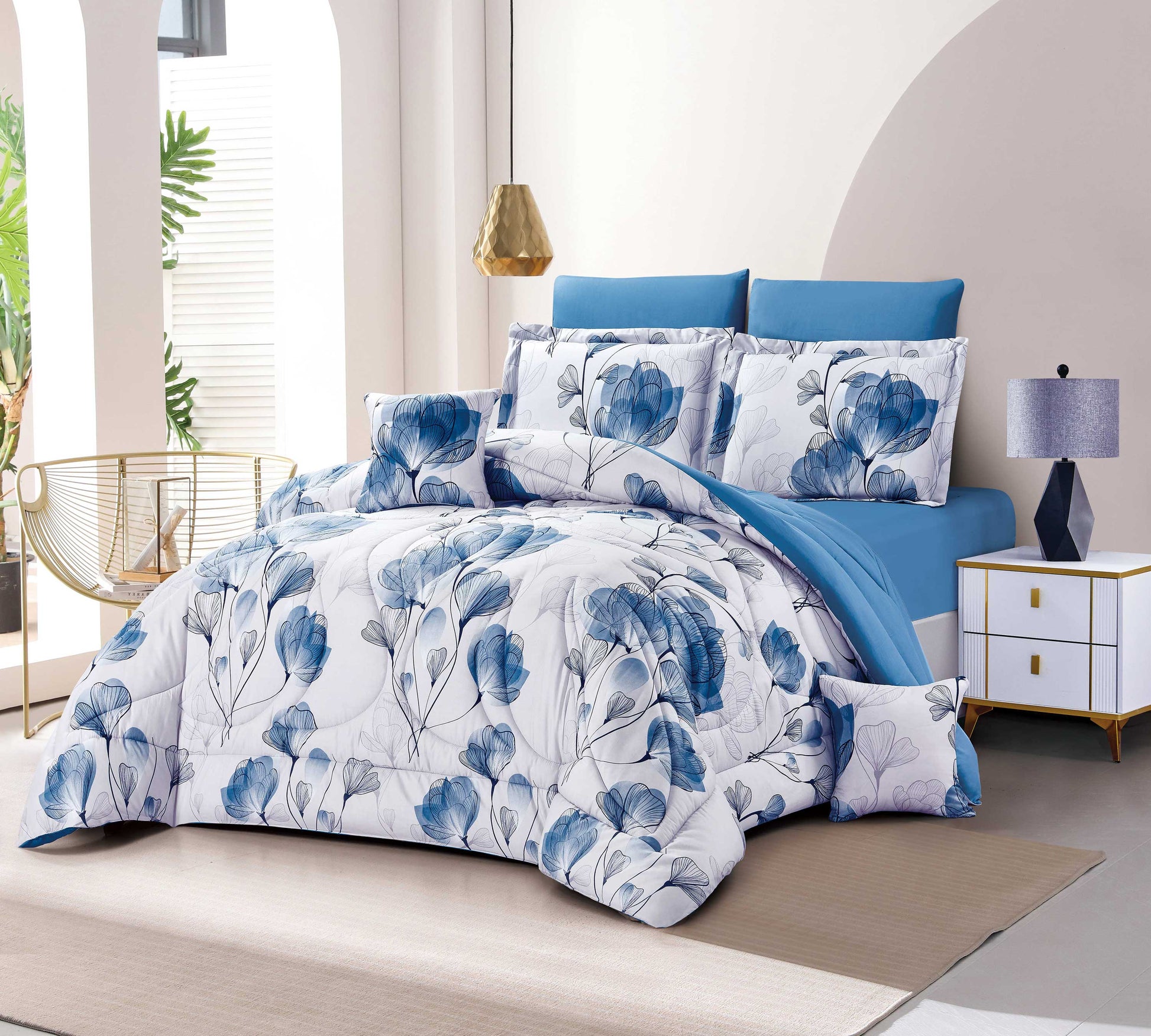 Blue Floral Pattern Bedding Set - Modern Style Comforter Set for Bedroom Decor - Bedding Factory&Supplier