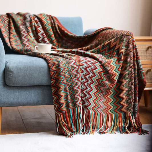 Bohemian Knit Throw Blanket - Colorful Tassel Trim - My Store