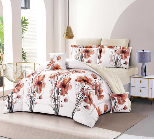 Boho Floral Bedding Set with Orange Poppy Print - Queen/King Size Duvet Cover, Pillowcases & Decorative Cushion for Modern Bedroom Decor - Bedding Factory&Supplier