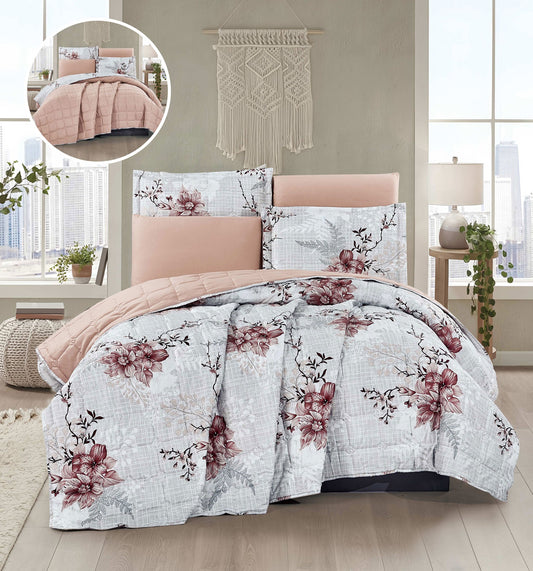 Boho Floral & Checkerboard 7 - Piece Quilt Bedding Set - Gray & Blush Pink with Red Flower Print, Reversible Quilt, Pillowcases & Decorative Shams - Bedding Factory&Supplier