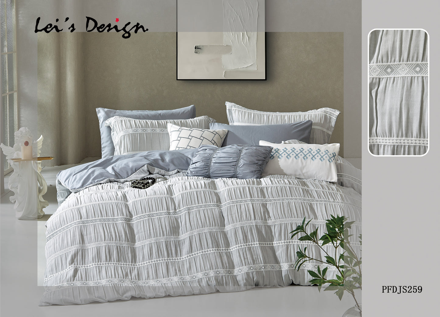 Bedding set with pillows and comforter on a bed, featuring Lei's Design branding.